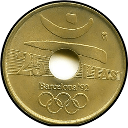 аверс 25 песет 1990 "XXV летнія Алімпійскія гульні, Барселона 1992 года / Алімпійская эмблема /"